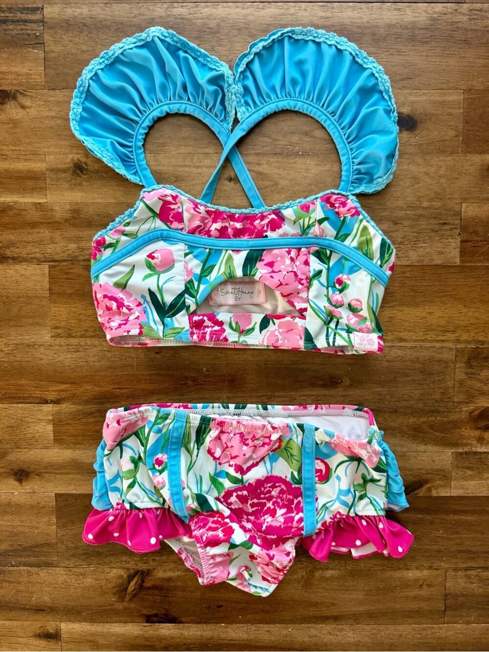SweetHoney Girls Retro Tankini Remix Bright Peonies Bikini Two Piece 5 Blue Pink